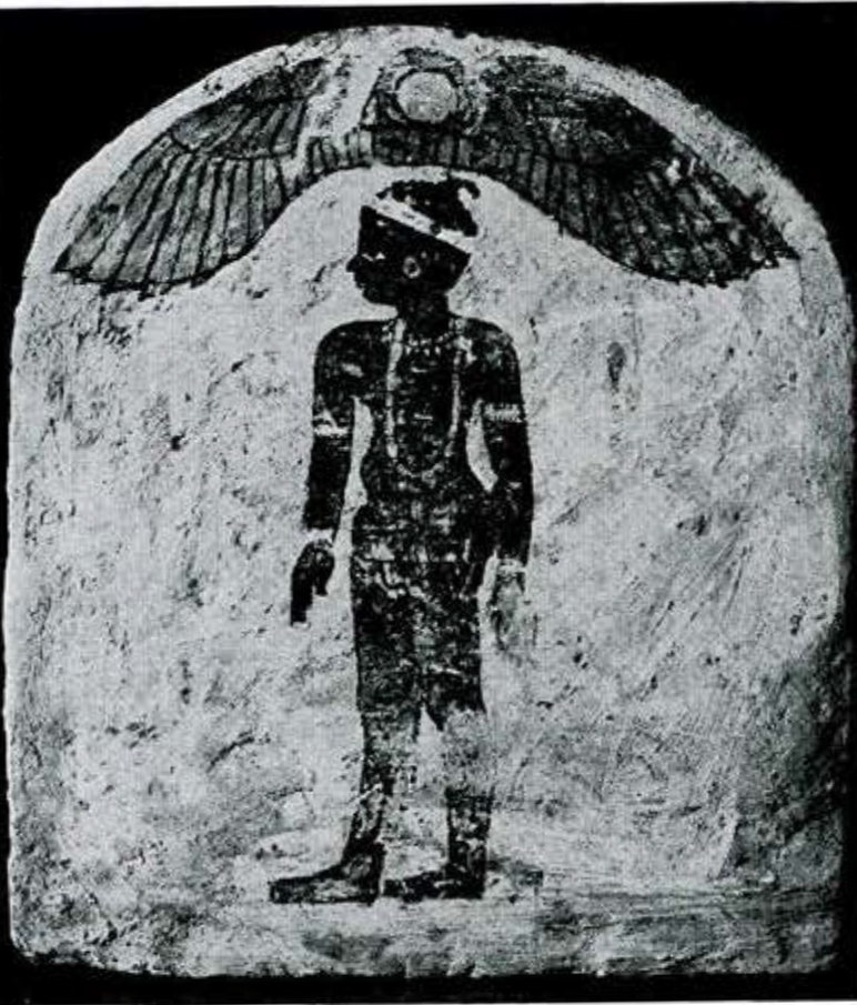 Painted tombstone with a figure painted in red with bracelets and necklace, a winged disk above figure.