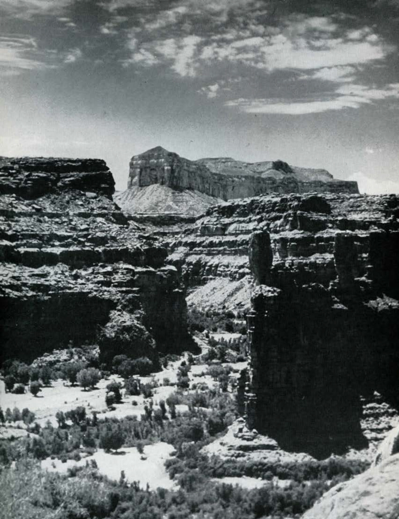 View down into Cataract Canyon, showing a village.