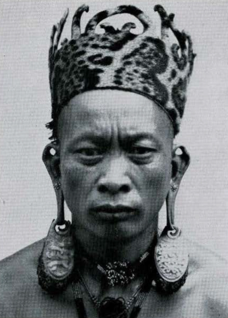 A chief wearing a fur crown and earrings made of hornbill.