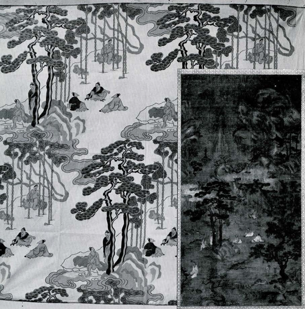 A painting of seven sages in a grove, and the large piece of fabric screen printed with a simplified design from the painting.