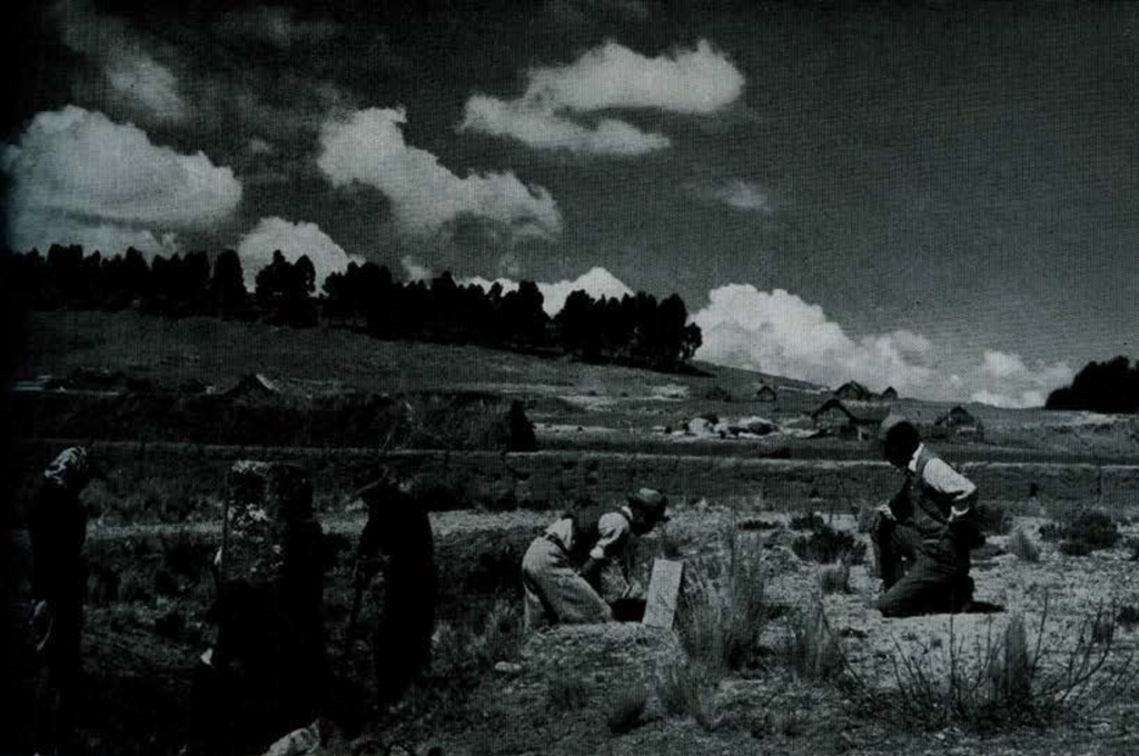 People sitting on the ground as others begin excavation.