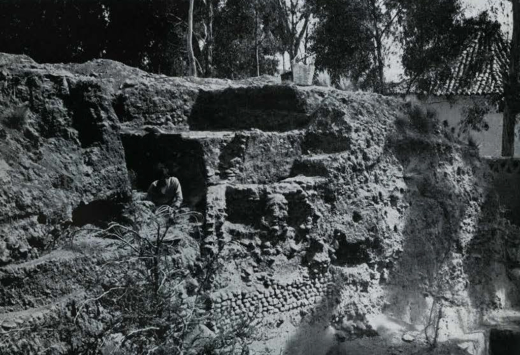 An exposed mound showing an excavated house stone walls.