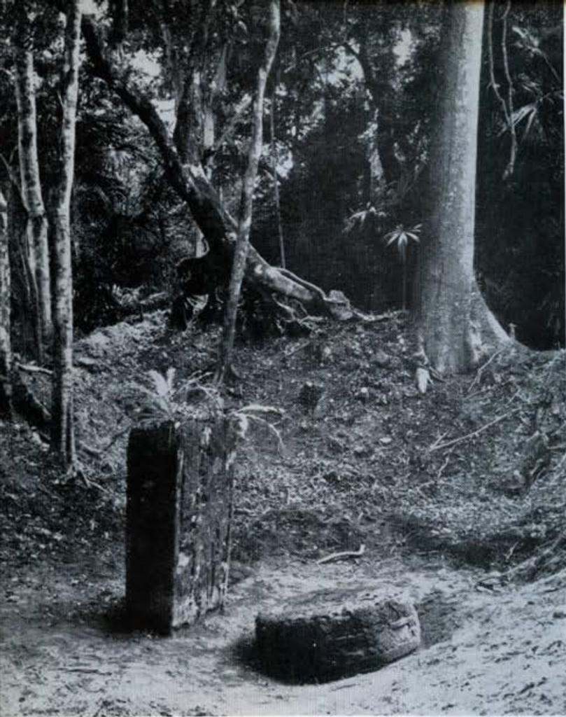 Bottom half of a stone stela, upright in the ground, with a round altar in front of it.