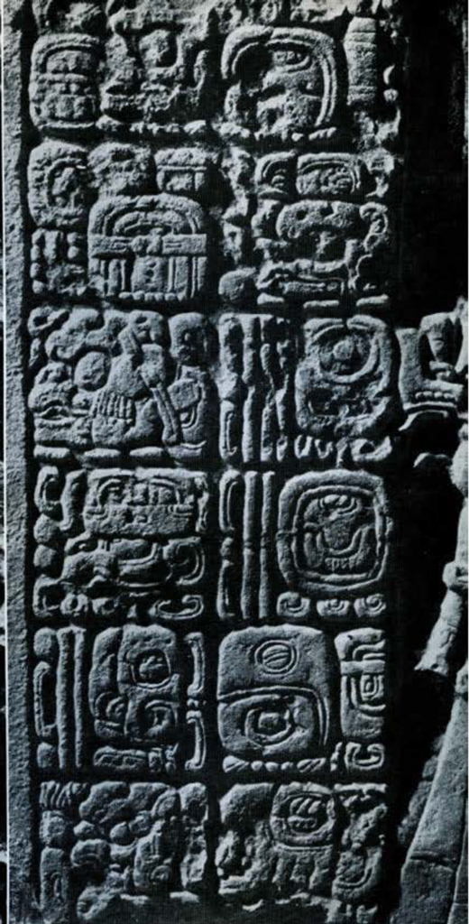 Close up of glyph panel on a stela, two columns of six square glyphs.