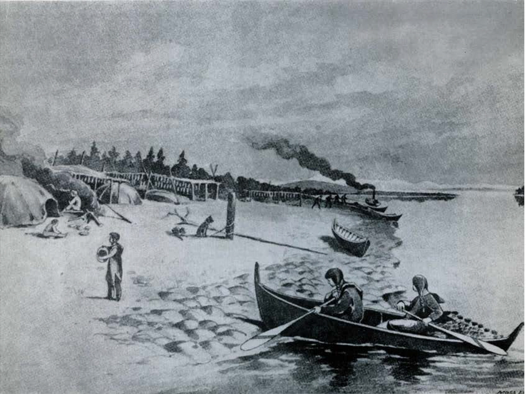 Drawing or painting of village and people in canoes on a river.