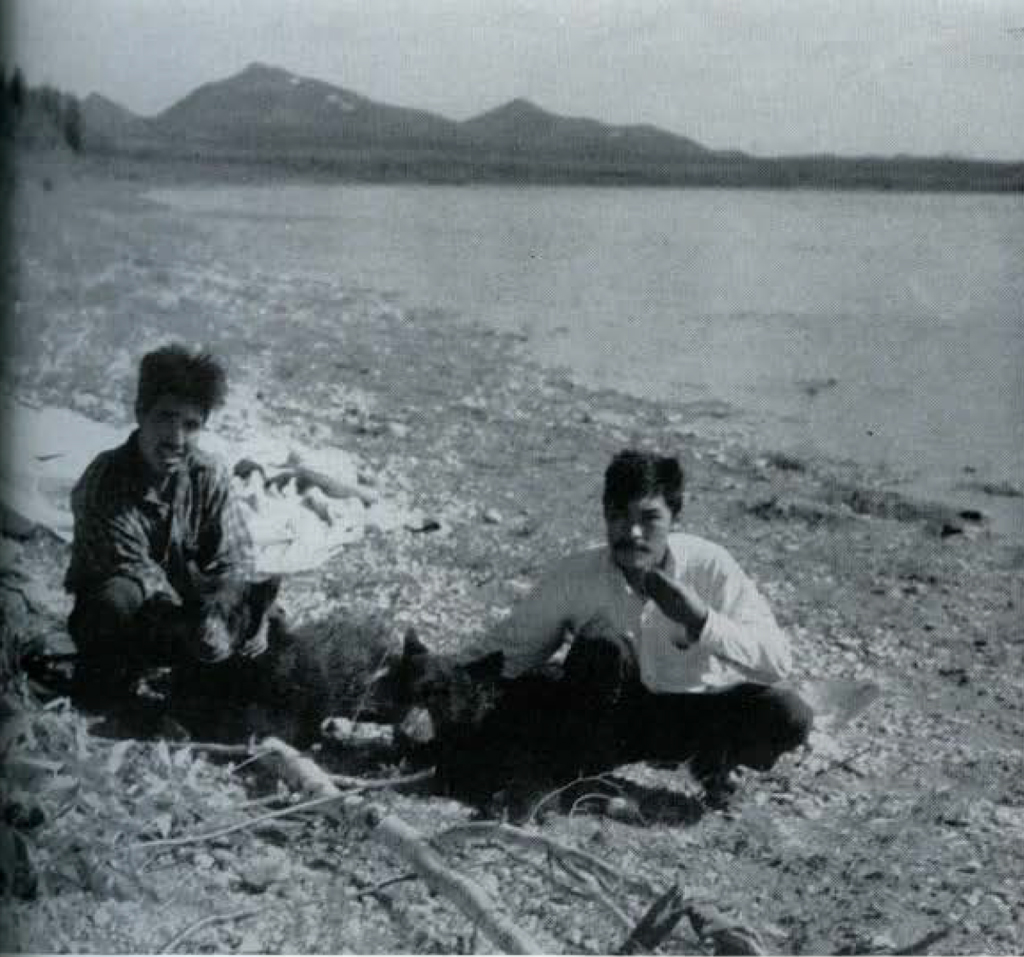 Two boys sitting on the shore, with a dead bear between them.
