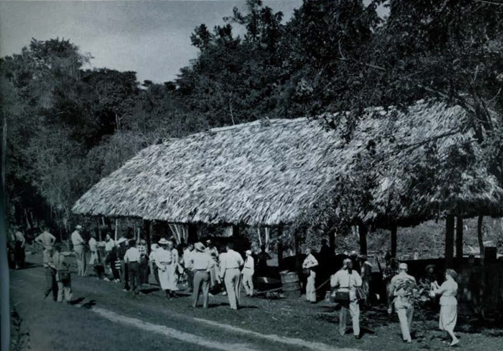 A crowd of people walking down a path along an open air thatched roof building.