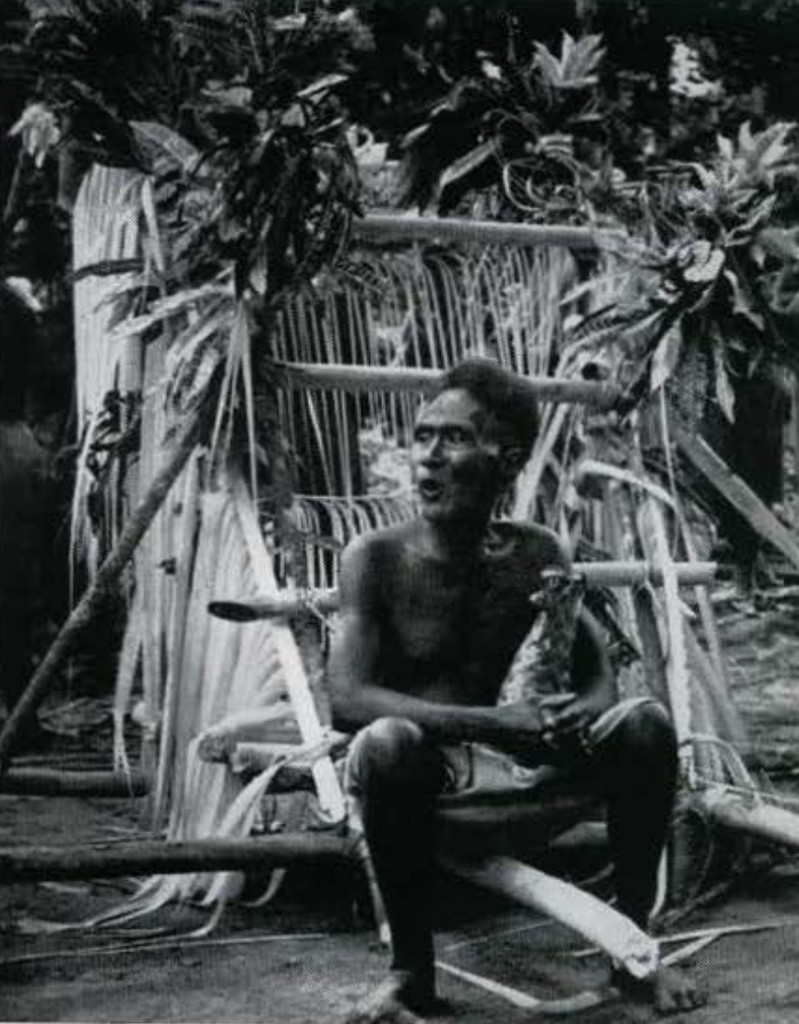 A man sitting in a wooden litter.