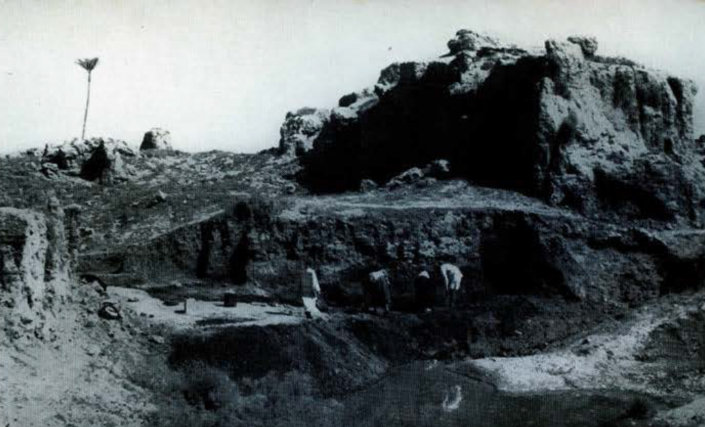 Men digging at the base of a large mound.