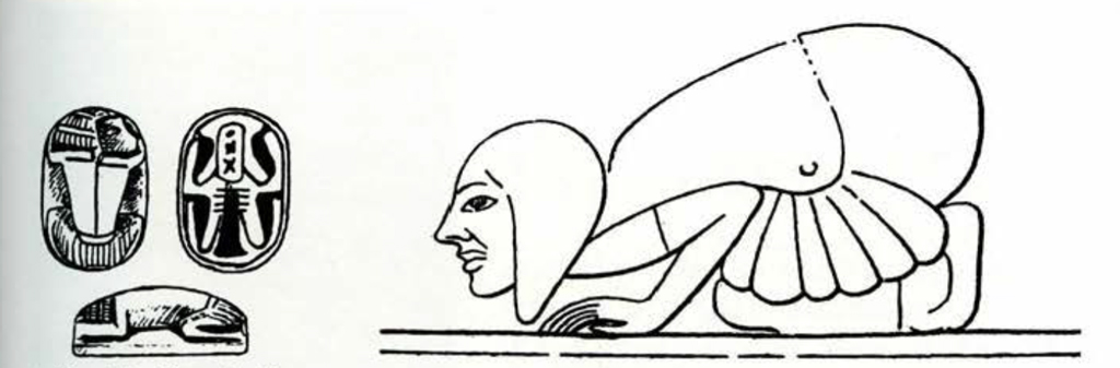 Hand copied drawings of scaraboid inscriptions, and a kneeling prostrate figure.