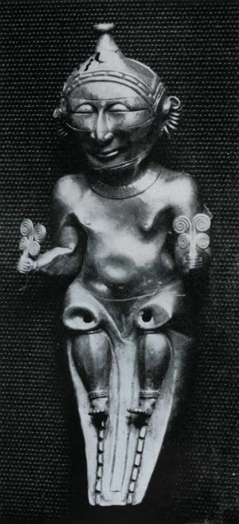 Flas in the shape of a seated female idol with four flowers in each hand, face repaired.