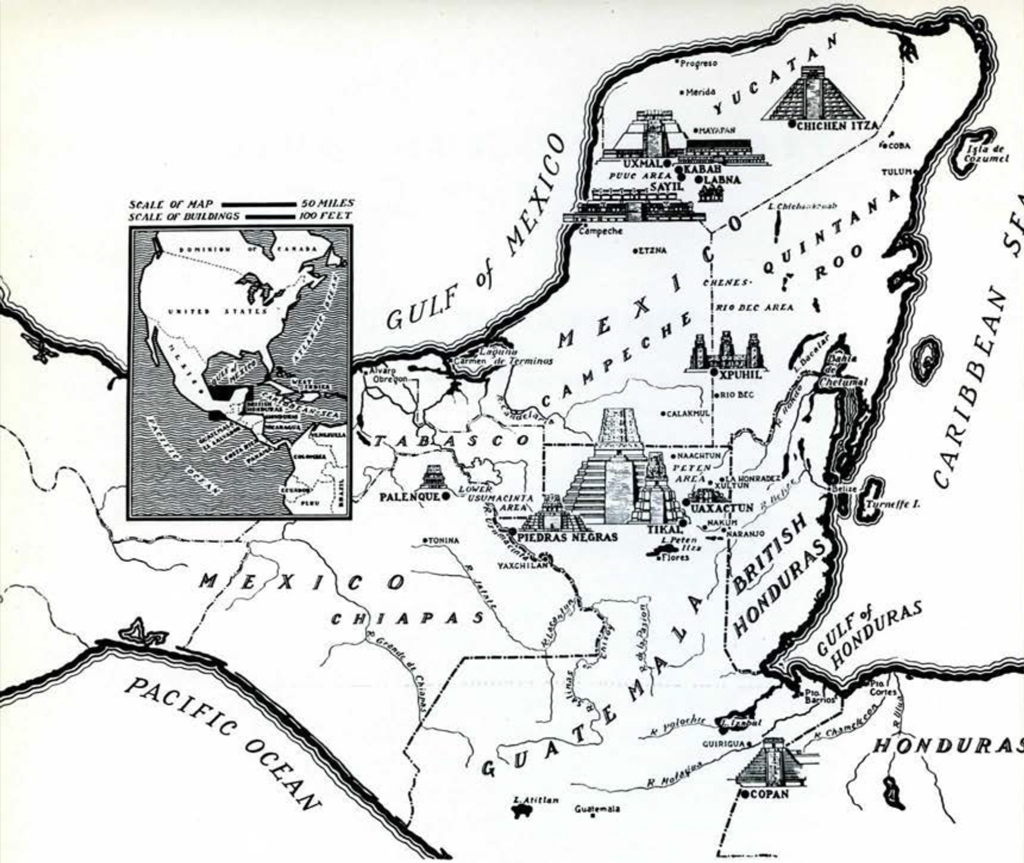 A drawn map of the Guatemala lowlands, showing parts of Mexico and seas, ruins marked with drawings of their temples.