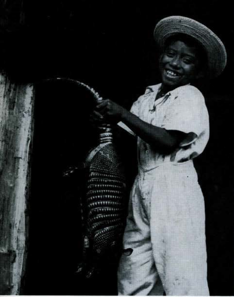 A man grinning and holding an armadillo by the tail.