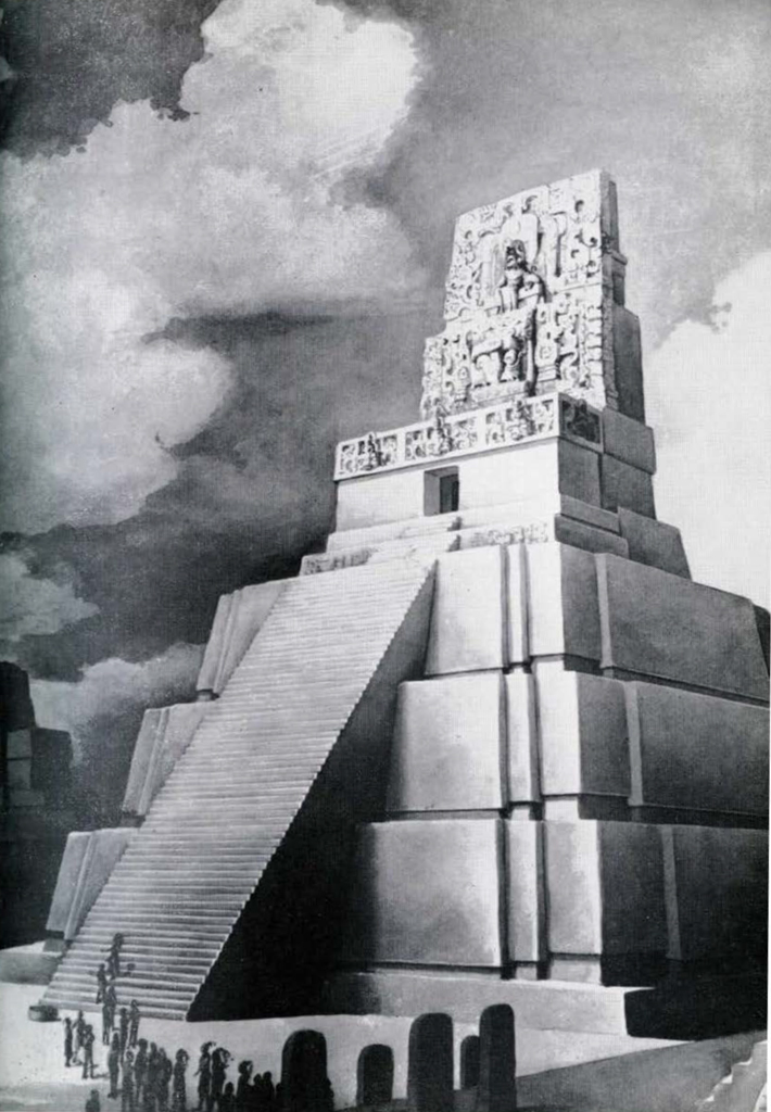 Drawn reconstruction of what a stepped pyramidal temple with steep stairs would look like.