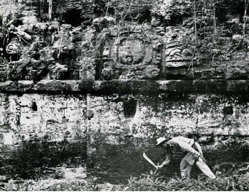 A man cutting down jungle brush with a machete in front of a large stone wall with carvings in relief.