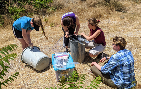Four students working in the field, performing archaeological flotation to find small bits of material.