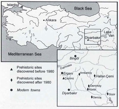 Early Neolithic sites in southeastern Anatolia. Hallan Çemi lies among the foothills of the Taurus Mountains alongside the Sason River, which empties into the Batman River.