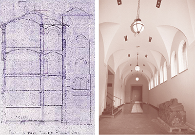 Left: Section of the Administrative Wing, looking east. This drawing from the schematic design phase shows the original intent of the architect to use Guastavino tile vaults for the ceiling and roof construction in this wing (detail of sheet 1247-10, July 31, 1926; Wilson Eyre Collection,  the Architectural Archives, University of Pennsylvania); Right: Eastern view of the Etruscan Gallery in May 2002, with renovations nearly complete