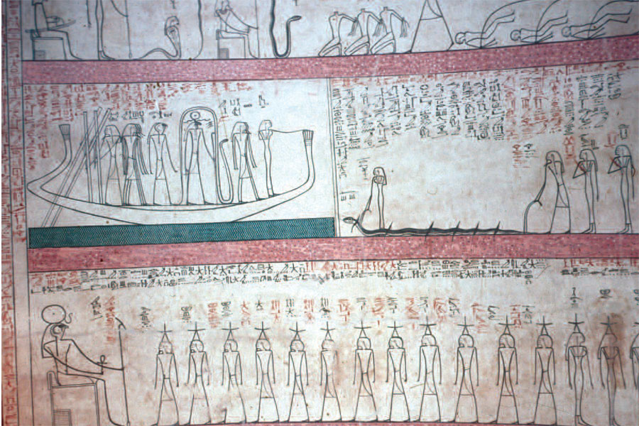 Depiction of the sungod on a boat confronting a serpent from a tomb wall.
