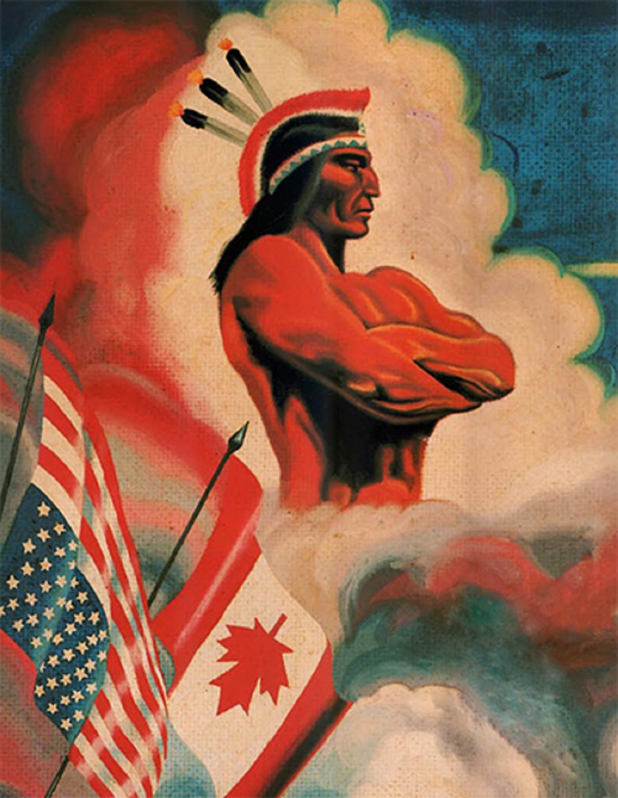 Close up of a section of an AIM poster depicting upside down American and Canadian flags, and an indigenous man.