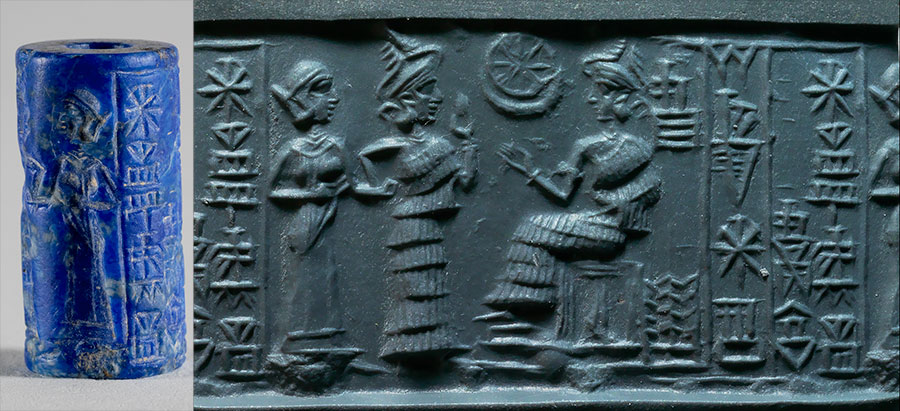 A blue cylinder seal and its impression, showing a female worshipper in front of a seated goddess.