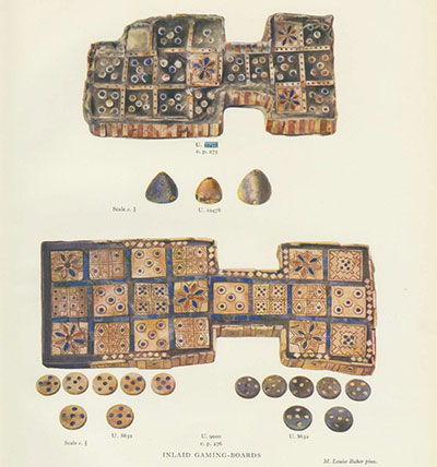 A water color painting of two game bards made of patterned tiles, and sevearl game pieces.