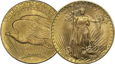 The front and back of a gold coin, showing an eagle and Lady Liberty