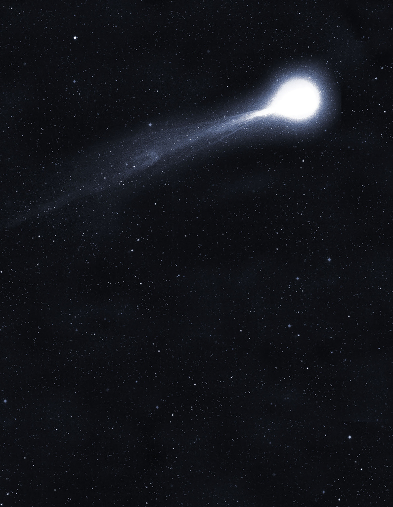 A photo of a bright white comet shooting through the sky with a tail