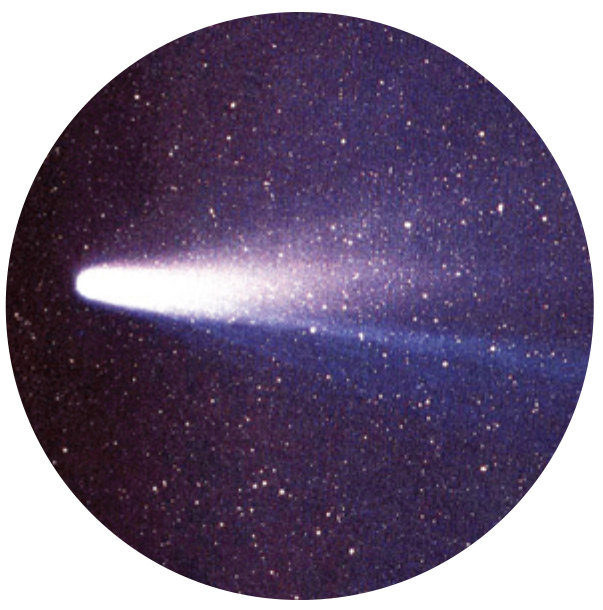 A photo of a bright white comet with a tail, in the night sky