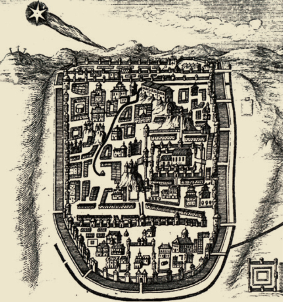 An engraving showing a map of Jerusalem with a comet passing above