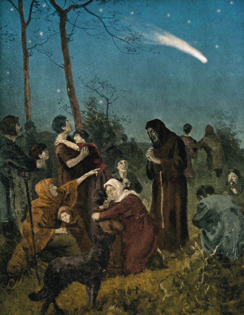 A painting of people in the woods praying and pointing at a passing comet in the sky