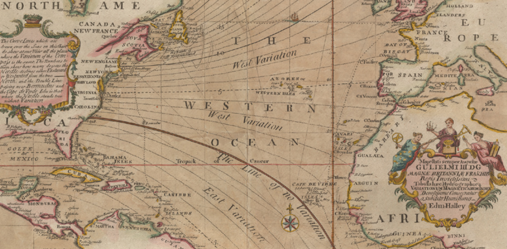 A drawn map with isogonic lines