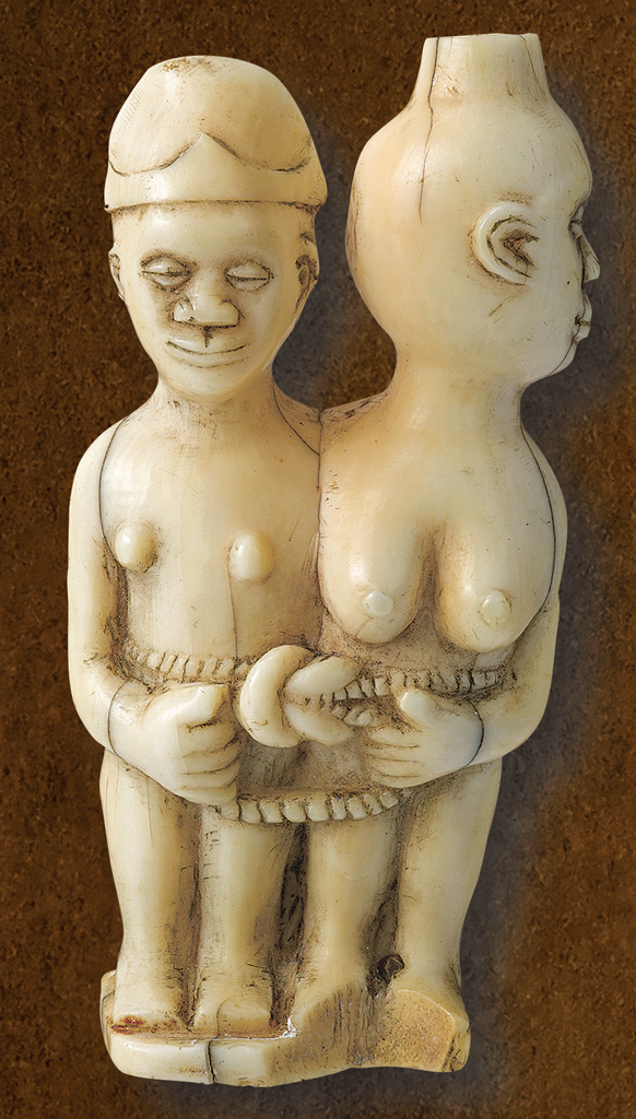 Sculpture of man and woman holding a rope which encircles their middles.