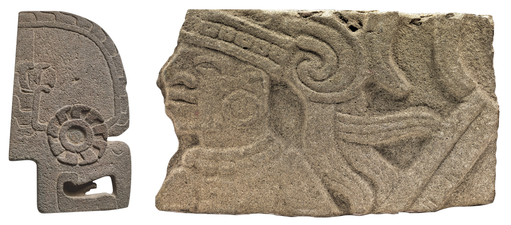 Two stone carved objects, one in the shape of a stylized bird head and a drum depicting a mans face and headdress