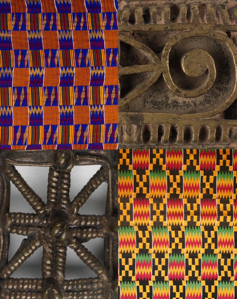 Two brightly colored pieces of textile and two close ups of gold artifacts with similar designs.