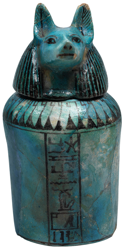 Blue canopic jar with animal head lid.