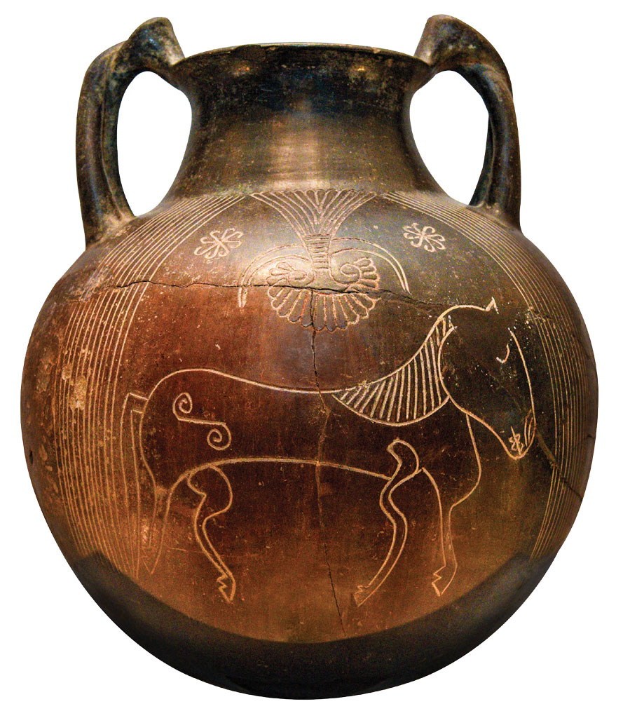 A round, two handled vessel with a depiction of a horse.