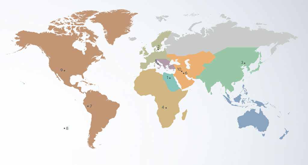 A map of the world showing where objects in the article are from.