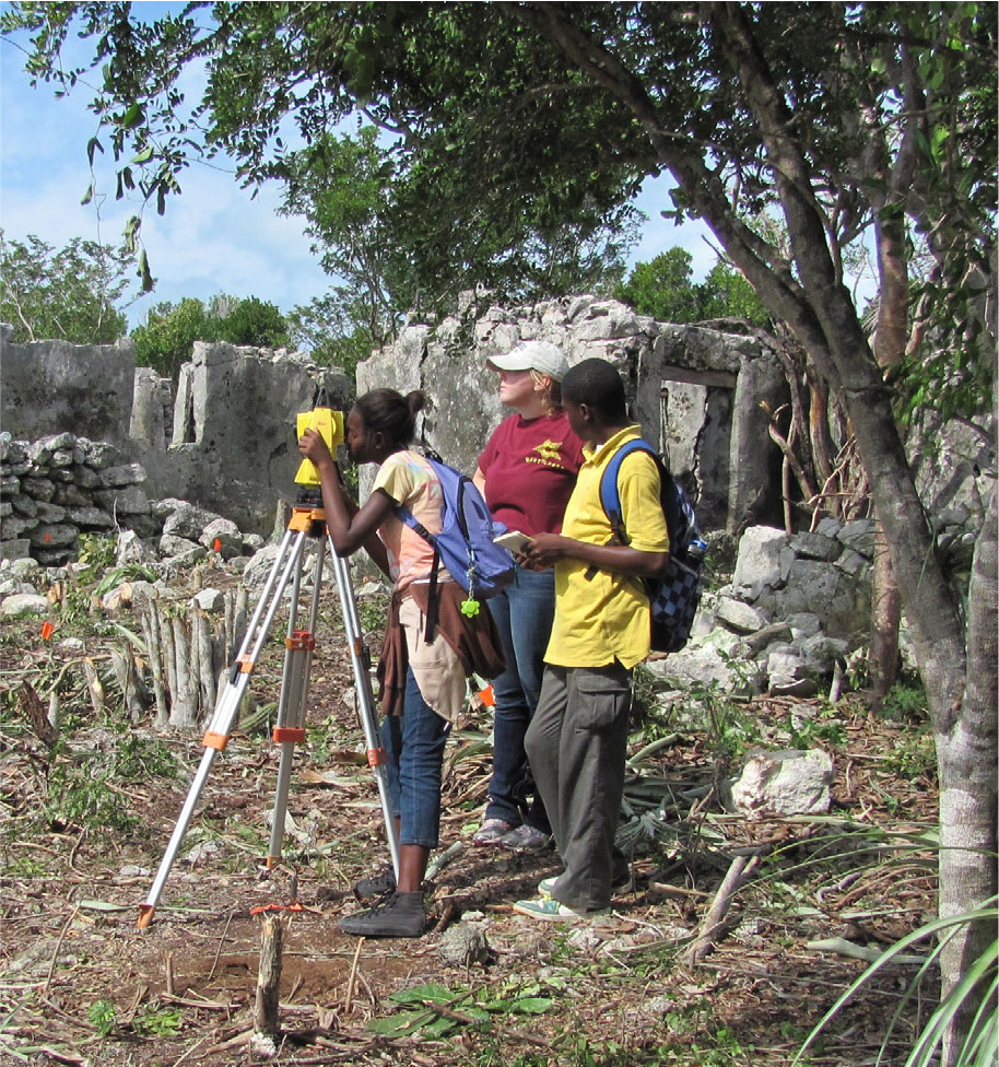 Students surveying site ruins.