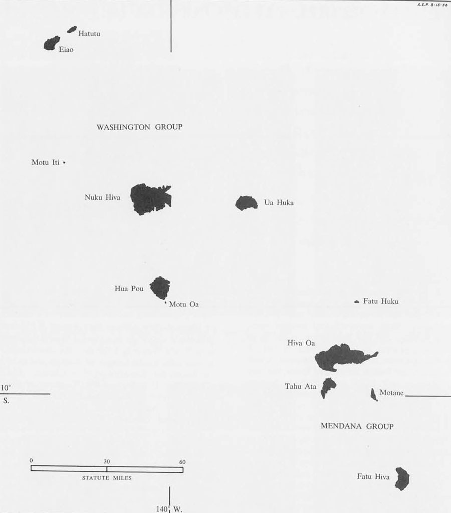 A drawn map of the Marquesas Islands.