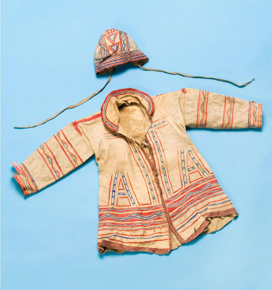 A child's coat and hat with red and blue painted designs.
