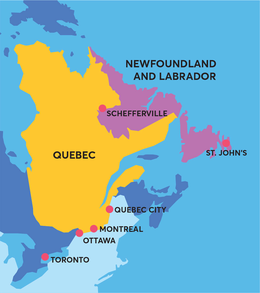 Graphic map of northeast Canada showing Quebec, Newfoundland, and Labrador with large cities.