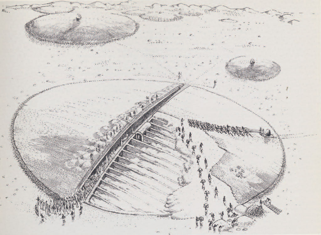 Drawing of a group of workers building a mound and a procession of people walking down the center.