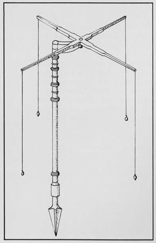 A sketch of a surveying device, made of a veritcal staff with horizontal cross beam, with plumb lines hanging from each end.