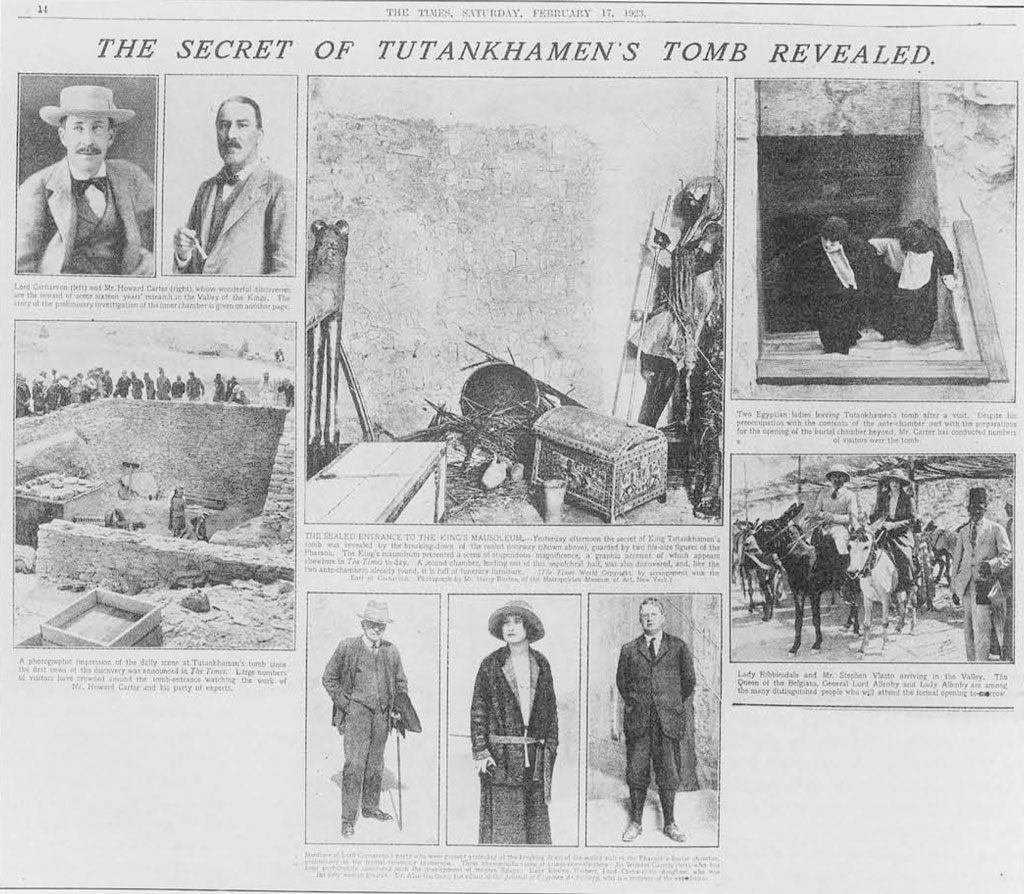 Six newspaper clippings of images and captions under the heading 'The Secret of Tutankhamuns Tomb Revealed'.