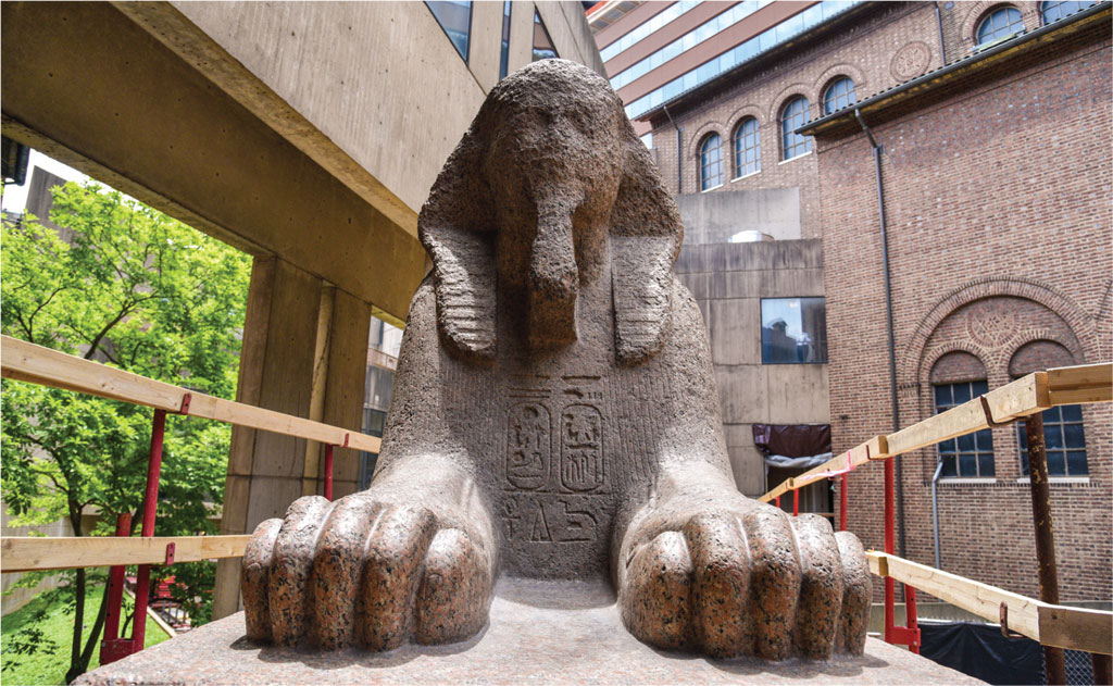 The Sphinx in outside in the Museum courtyard on its way to the new entrance gallery.