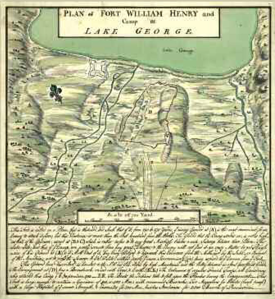 A drawn diagram of the plan for Fort William Henry and camp at Lake George.