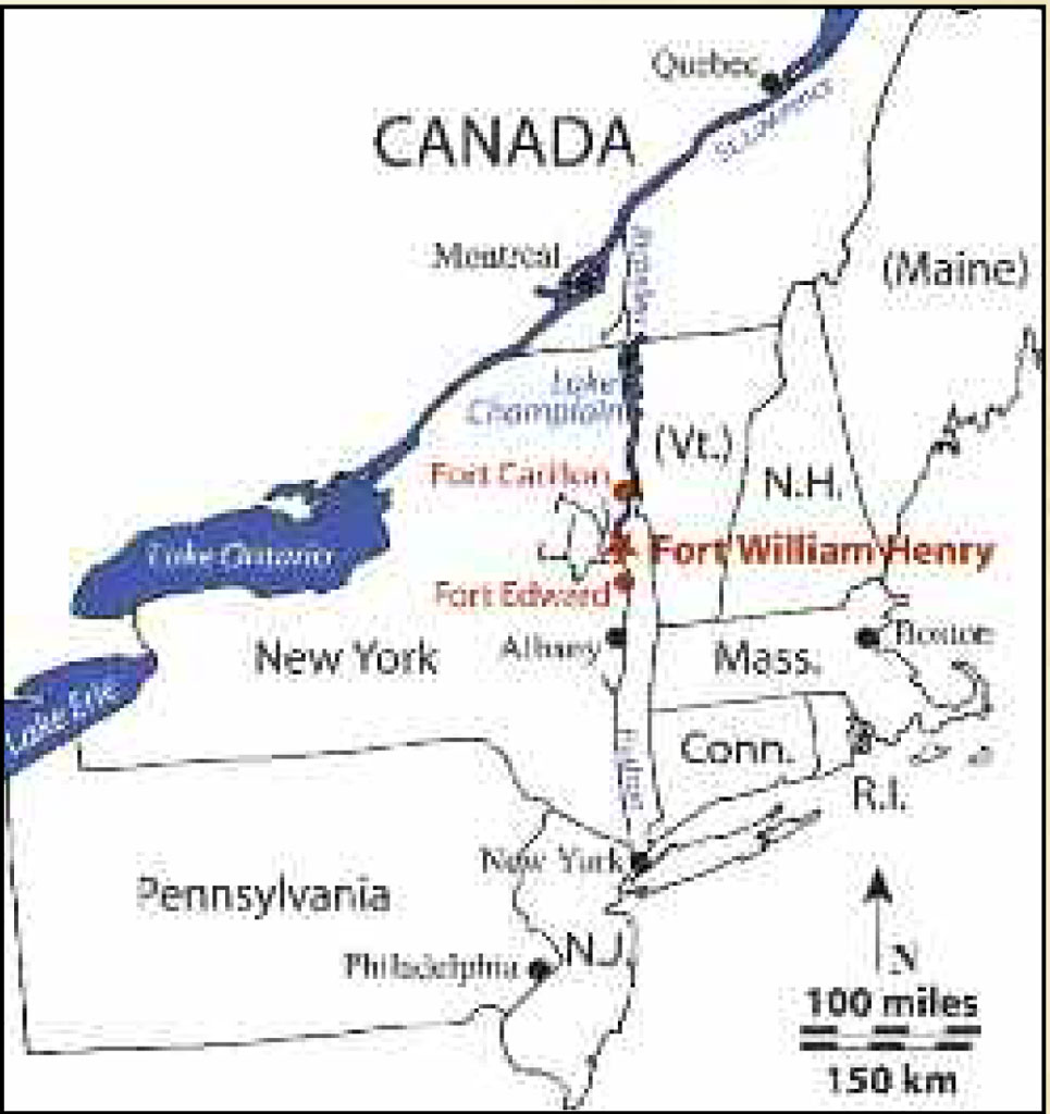A map of New York, Vermont, New Hampshire, Massachusetts, Connecticut, Rhode Island, New York, New Jersey, and Maine showing the location of For William Henry and other forts and major cities in the region.