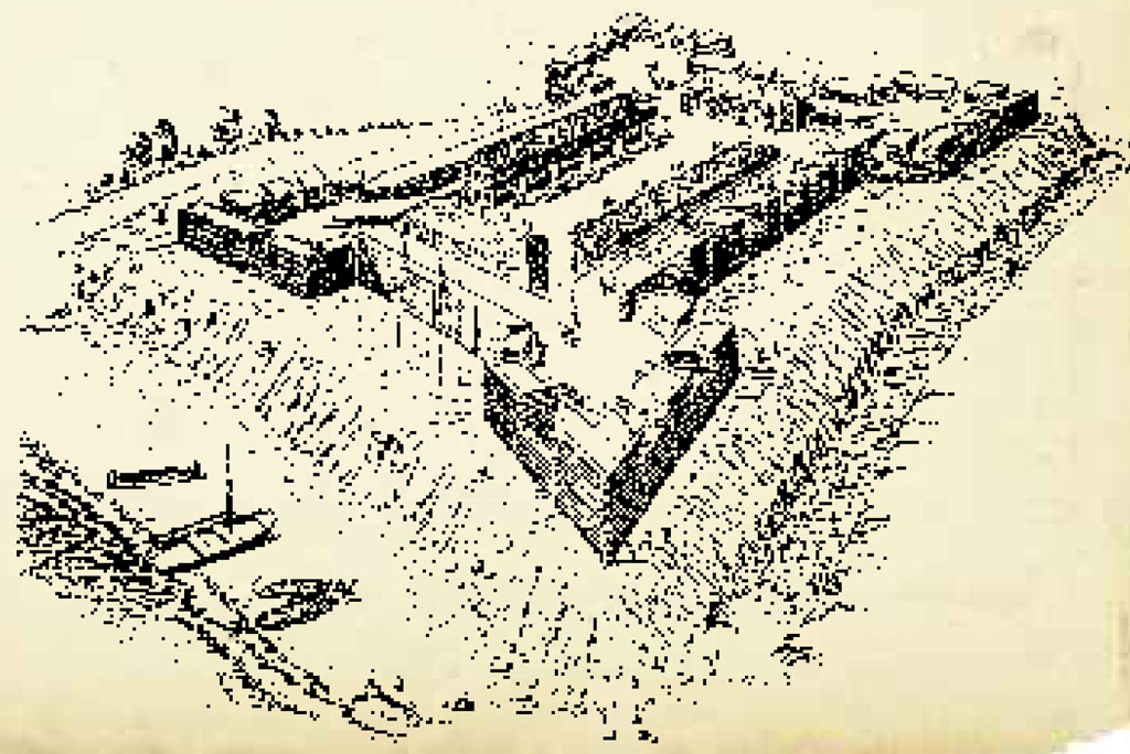 A drawing of Fort William Hentry, showing a rectangular fort on a raised base, with turret areas at each corner.