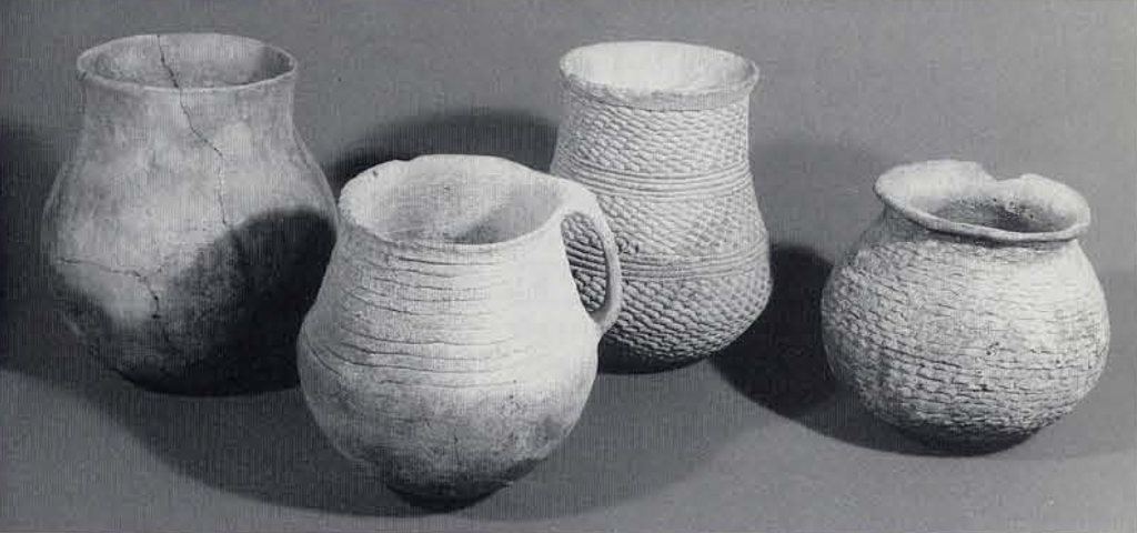Four jars with neck banding pressed into the exterior in a variety of textures and spacing.